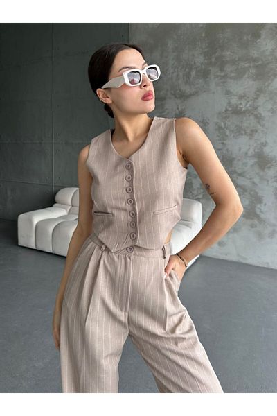 ubmbutik High Waist Palazzo Pants and Short Crop Vest - Striped Women's Set