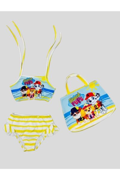Alis Girl's 3-Piece Beach Pups Patterned Yellow Bikini Set with Bag