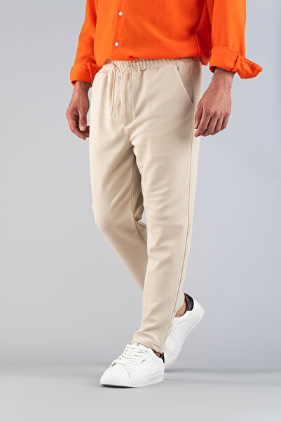 bombe Ανδρικό μπεζ παντελόνι με ελαστική μέση, λεπτή εφαρμογή, εύκαμπτη λύκρα Basic Cotton Jogger