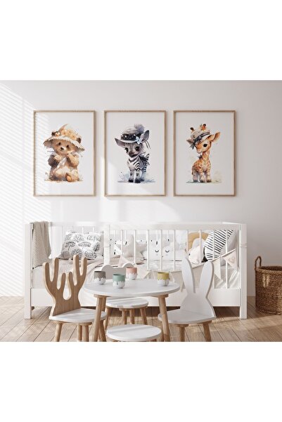 NN DECOR Şapka Konseptli 3'lü Set-zebra , Zürafa, Köpek-doğal Ahşap Çerçeveli...