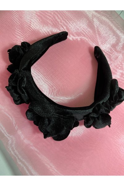 MADE BY PERİ Women's crown from the black silk velvet, lightweight, no head pain, with velvet drawstring flowers