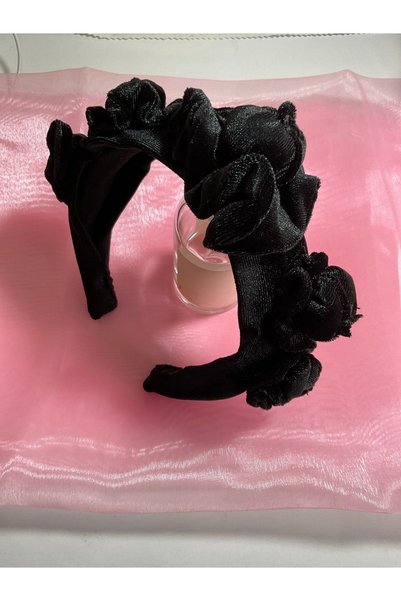 MADE BY PERİ Women's crown from the black silk velvet, lightweight, no head pain, with velvet drawstring flowers