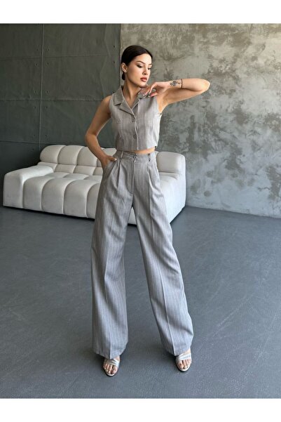 ubmbutik High Waist Striped Palazzo Pants and Crop Vest Set - Buttoned Jacket...