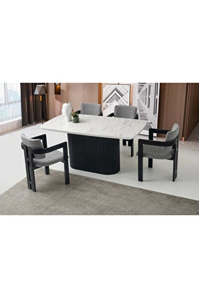 Evistro Parlak Ahşap Sabit Yemek Masası Beyaz Mermer Desen - 4 Sandalye Takım