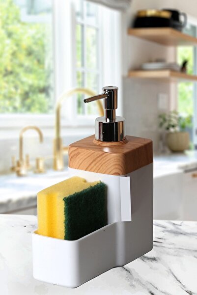 bersachef Mutfak Sıvı Sabunluk Bambu Görünümlü Süngerlikli Sıvı Sabunluk Beyaz