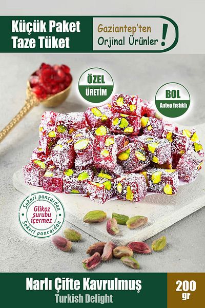 Gaziantep Baharat Double Roasted Pomegranate Turkish Delight with Plenty of Pistachios - Guaranteed 200 Gr Flavor