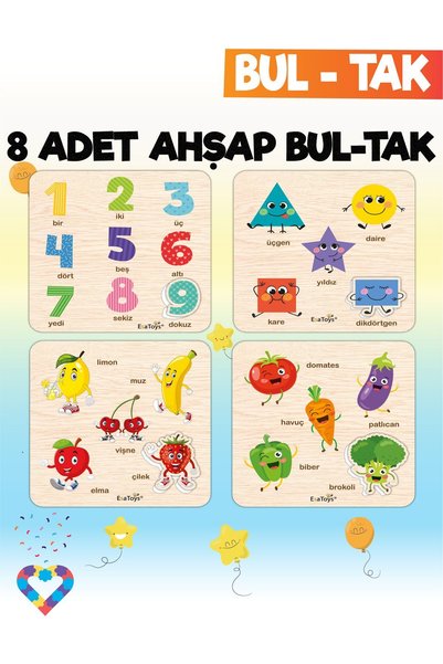esatoys Montessori 8-Piece Mega Find‑And‑Plug Set – Ages 2‑5 – Wooden Educational Toy