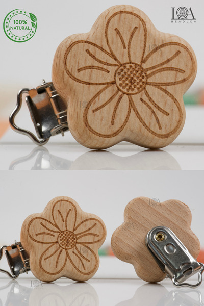 LANDOFACCESSORY 1. Kalite Ahşap Klips Bebek Emzik Zincir Askısı  Doğal Ham Ahşap Emzik Tutacağı ÇİÇEK 1 Adet Klips