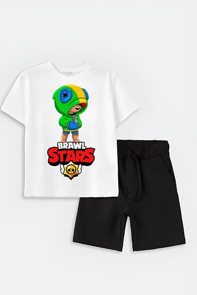 AEMİ White Brawl Stars Printed Children's T-shirt and Shorts Set - 100% Cotton