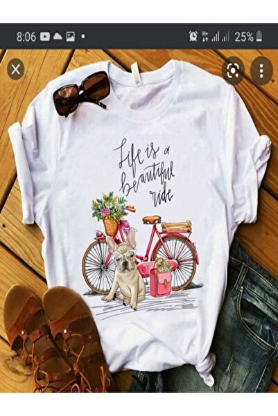 CLASSY.MODA Μπλουζάκι με λευκή στάμπα Oversize - Crew Neck, κοντό μανίκι