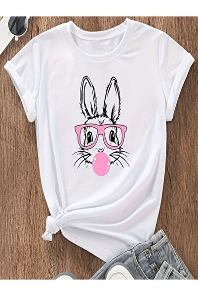 CLASSY.MODA Μπλουζάκι με λευκή στάμπα Oversize - Crew Neck, κοντό μανίκι