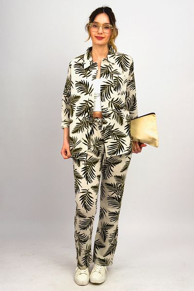 Betimoda Green Leaf Linen Women's Shirt and Bottom Set - Comfortable Fit