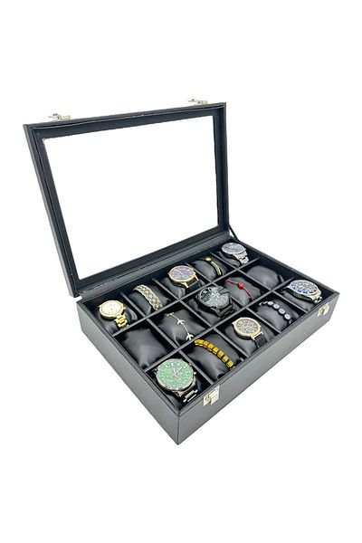 kutuveaksesuar Watch Box Glass Watch Organizer Leather Black