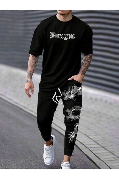 CLASSY.MODA Σετ ανδρικής φόρμας Oversize Japanski Style - Dragon Printed, υφασμάτινο με δύο κλωστές