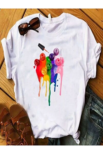 CLASSY.MODA T-Shirt - Λευκό εμπριμέ μπλουζάκι με κοντό μανίκι με λαιμόκοψη