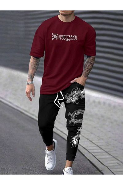 CLASSY.MODA Oversize Japón Style Men's Tracksuit Set - Dragon Print, Fabric Two Thread