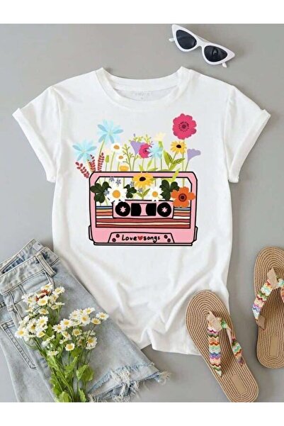 CLASSY.MODA Μπλουζάκι με λευκό εμπριμέ Oversize Ζέρσεϊ - Crew Neck, κοντό μανίκι