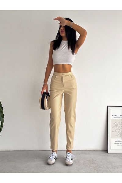CLASSY.MODA Women's High Waist Pants Made of Leather Fabric