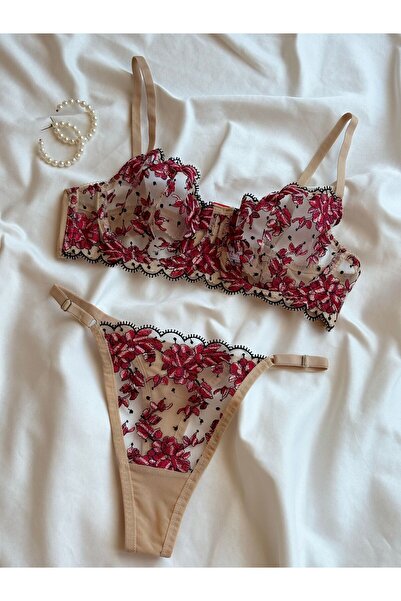 ARONA Kırmızı Çiçekli Bej Renk Balenli Dantelli Bralet Takımı