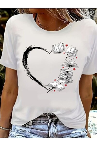 CLASSY.MODA Μπλουζάκι με λευκή στάμπα Oversize - Crew Neck, κοντό μανίκι