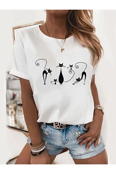 CLASSY.MODA Μπλουζάκι με λευκή στάμπα Oversize - Crew Neck, κοντό μανίκι