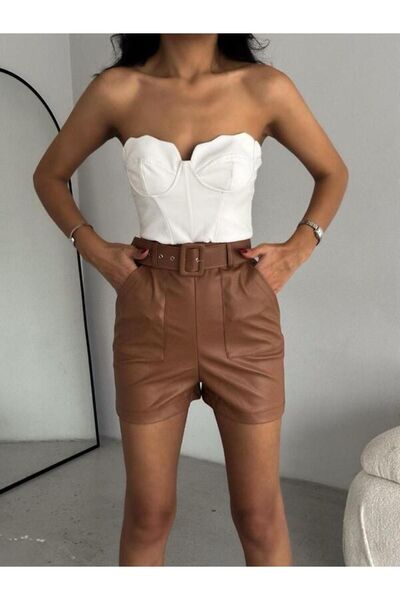 CLASSY.MODA SPOR ŞORT DERI KALITLI Beli Kemerli Çift Cepli