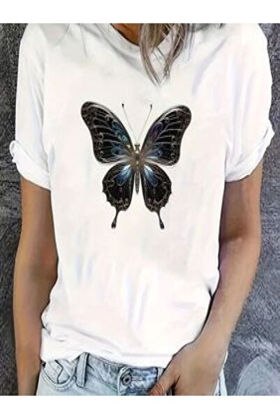 CLASSY.MODA Голяма бяла тениска с щампи - кръгло деколте, къс ръкав