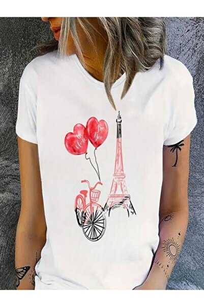 CLASSY.MODA Μπλουζάκι με λευκή στάμπα Oversize - Crew Neck, κοντό μανίκι