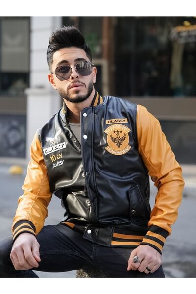 CLASSY.MODA Geaca de piele pentru barbati - cu fermoar - brodata - de inalta calitate