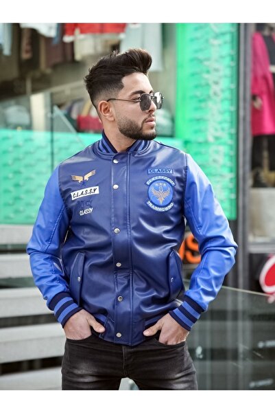 CLASSY.MODA Чоловіча шкіряна куртка на блискавці з вишивкою високої якості