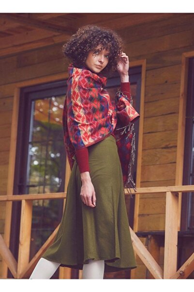 Bohemian Haki Midi Boy Kloş Bohem Anvelop Etek