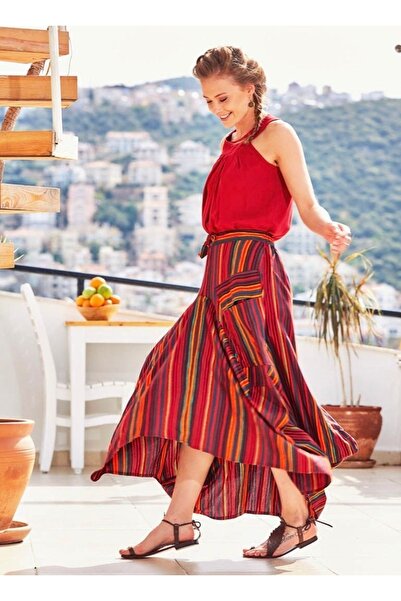 Bohemian Authentic Lace-Up Pocketed Striped Long Red Skirt