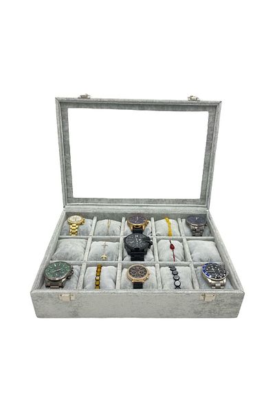 kutuveaksesuar Watch Box 15 Eyes Watch Organizer Full Gray Suede Alphora Fabric Covering Special