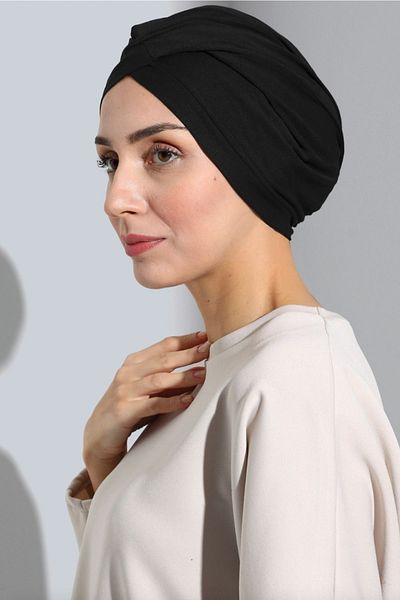 Vera Aura Ready Turban Bonnet Χτενισμένο Μαύρο Μπόνε Σταυρός Banded Γυναικείο καπό Hijab εσωτερικά και εξωτερικά