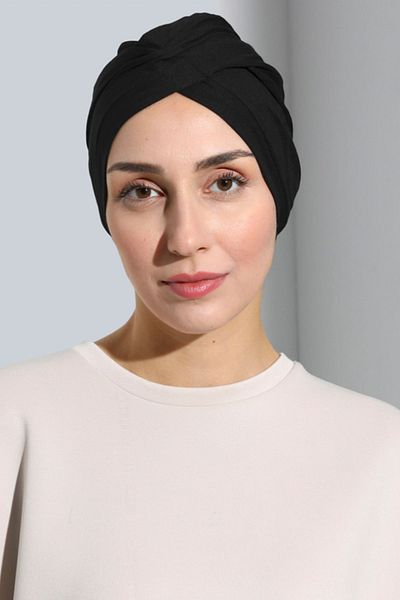 Vera Aura Ready Turban Bonnet Χτενισμένο Μαύρο Μπόνε Σταυρός Banded Γυναικείο καπό Hijab εσωτερικά και εξωτερικά