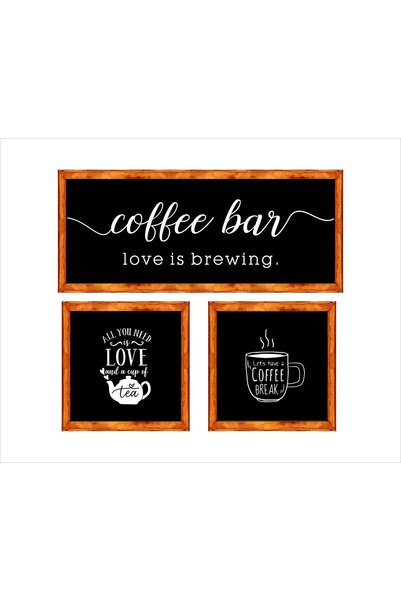 enmalife Çay Kahve Köşesi Duvar Dekoru Coffee Bar , 3 Lü Siyah Zeminli Ahşap ...