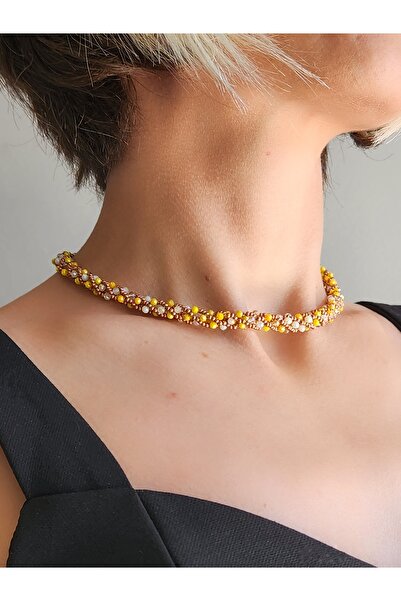 Eva Takı Etnik Bohem Sarmal Dönmeli Model Kristal Sarı Kristal Boncuk Kolye
