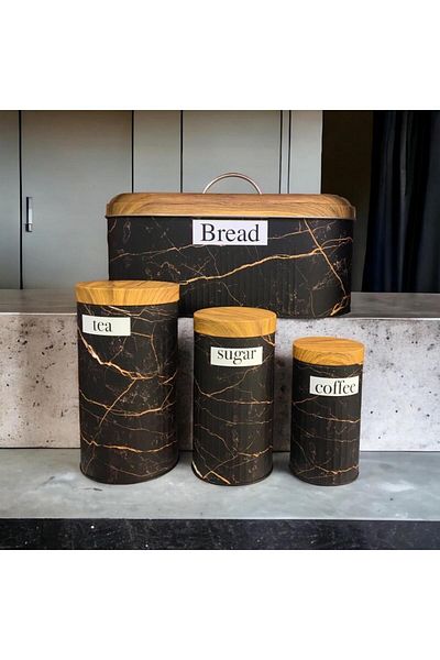 MİHMAN HOME Set of 4 Metal Jars Bread Bowl Sugar-tea-coffee Black