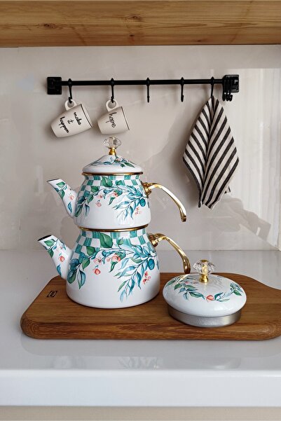 PORLİSMA Çift Kapak Zeytin Dalı Emaye Çaydanlık Takımı, Gold Saplı Emaye Çayd...