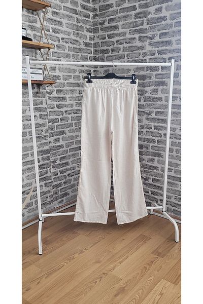 LO ADORO Beige Linen Trousers with High Waist and Guipure Detail - 100% Linen, Loose Fit