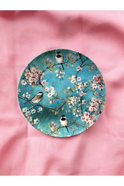 unique florya Turkuaz Kuş Desenli Çiçekli Duvar Tabağı Dekoratif Bahçe Balkon...