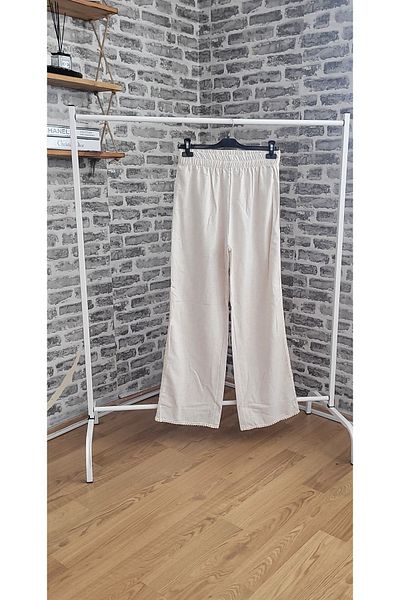 LO ADORO Beige Linen Trousers with High Waist and Guipure Detail - 100% Linen, Loose Fit
