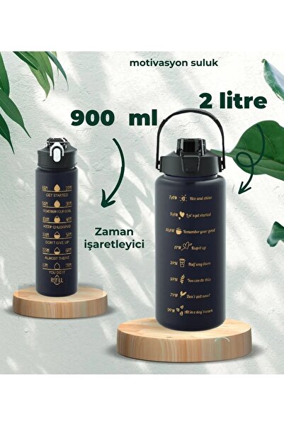 Genel Markalar 2 L BLACK Motivasyonel 2li Su Matarası Suluk 2 Lt Ve 900 ml Ya...