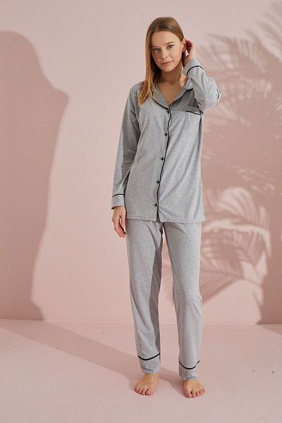 LİLA İÇ GİYİM Buttoned Cotton Long Sleeve Pajama Set