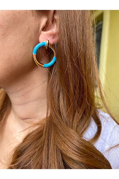 ByMerve Bym433 Gold and Blue Round Special Series Women's Steel Earrings