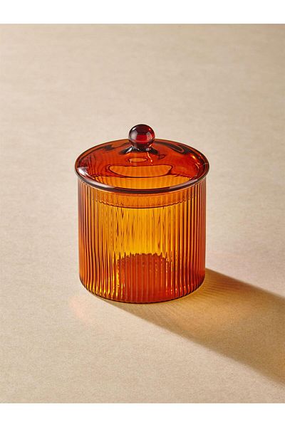 The Mia Amber Glass Sugar Bowl - 9x9x11 cm, Borosilicate Striped Design CAM0442