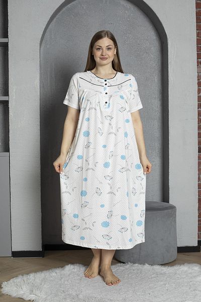 SEBOTEKS Buttoned Collar Short Sleeve 100% Cotton Combed Plus Size Mother's Nightgown 1515
