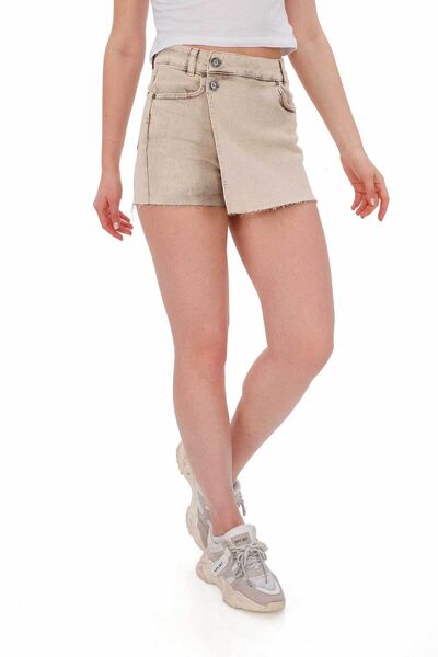 focsel Bej Yüksek Bel Kar Yıkamalı Kadın Kot Mini Şort Etek