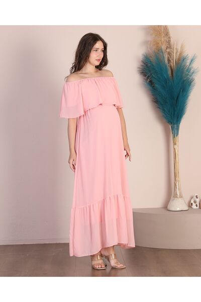 Azra Style Hamile Madonna Yaka Pudra Eteği Fırfırlı Uzun Hamile Şifon Elbise