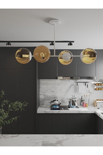 avizade Milora 4'lü Glop Bal Rengi Cam Detaylı Modern Lüks Avize